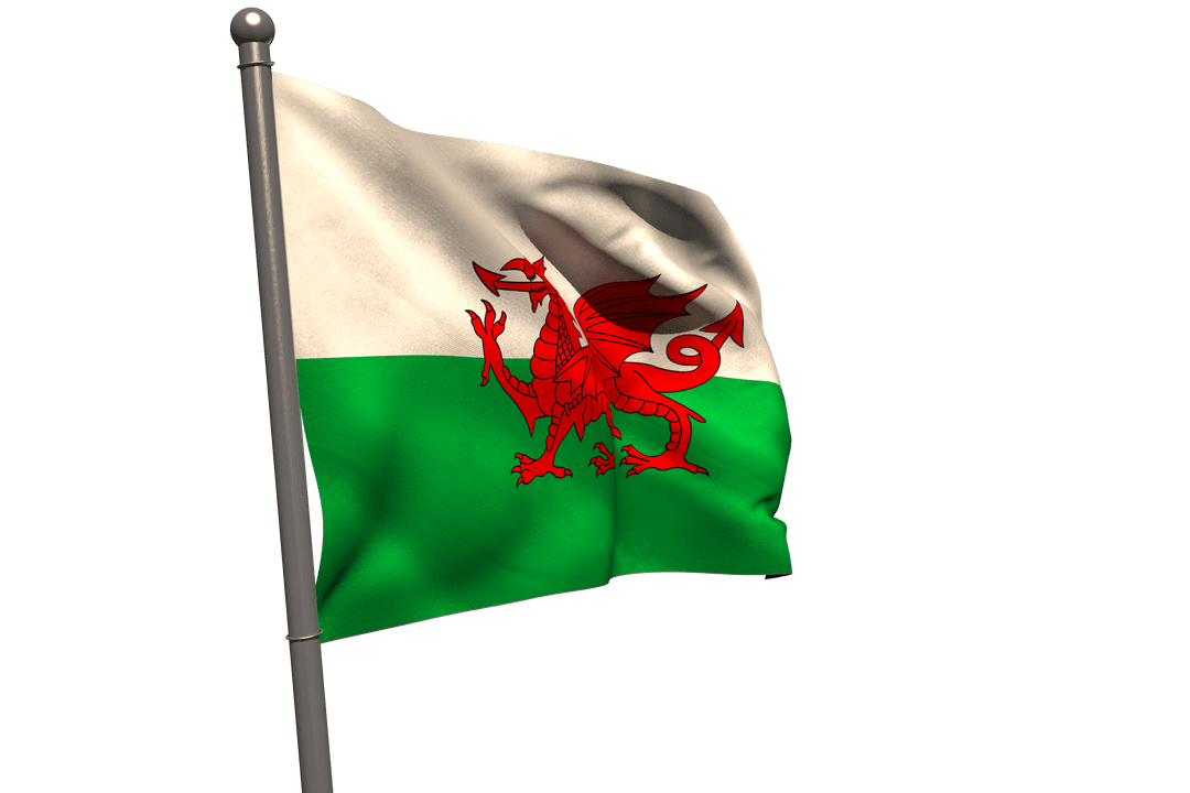 Transparent Welsh Flag Waving High On Flagpole in Wind