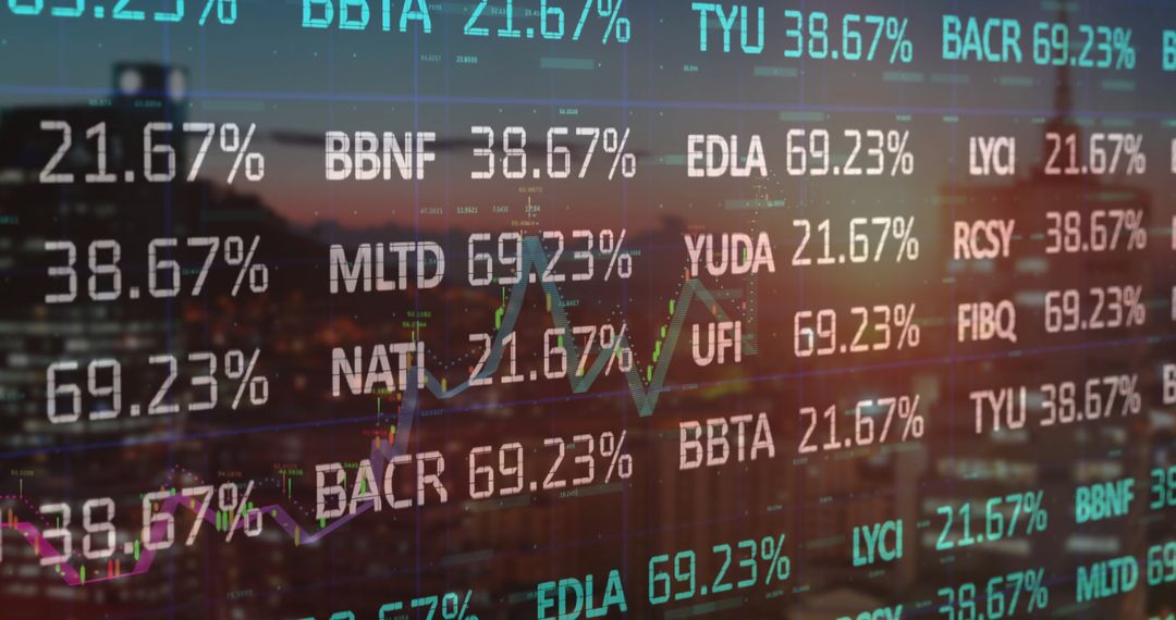 Digital Stock Tickers with Skyline Background Illustrating Urban Finance