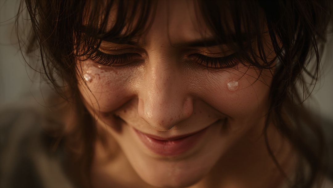 Smiling woman gazing down with teardrops and mascara-streaked lashes, dewy freckled closeup