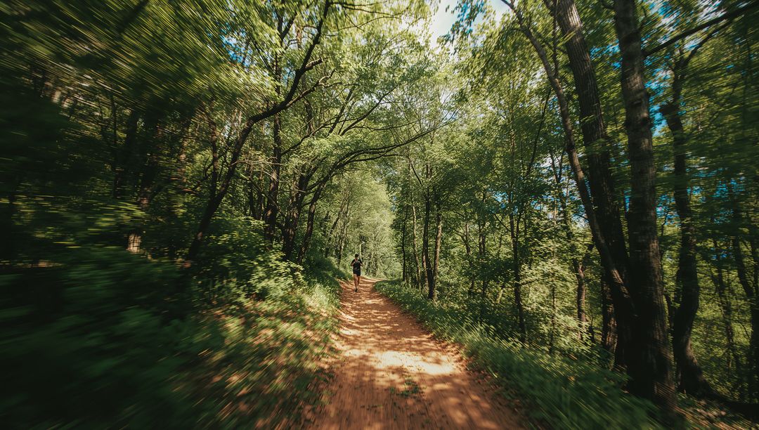 Man Running Through Forest Trail with Hydration Pack