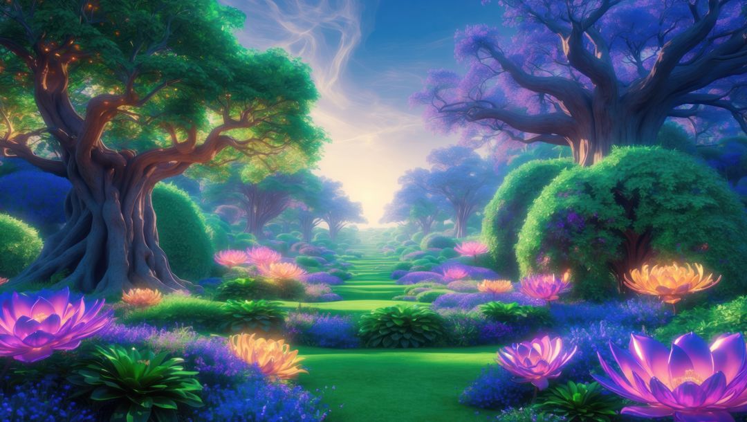 Enchanted forest pathway with glowing lotus flowers, garden of eden concept