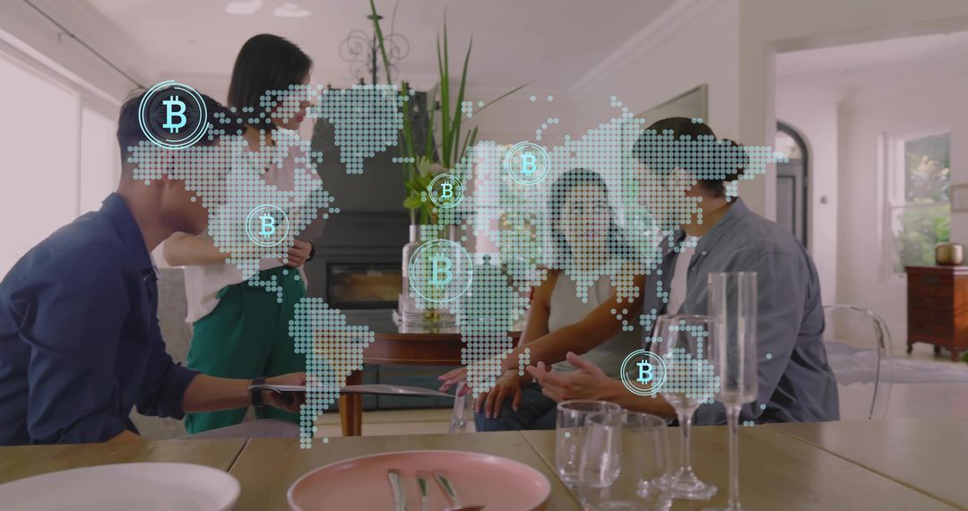 Remote team discussing Bitcoin strategy at home dining table with global crypto map overlay