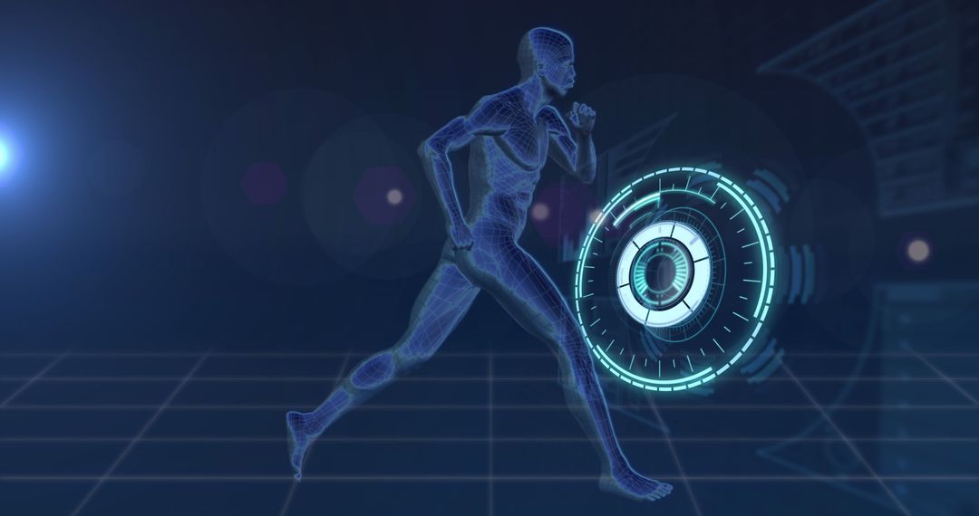 Digital Human Avatar Running in Futuristic Data Interface