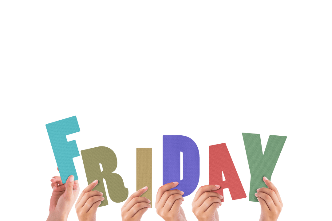 Hands Raising Colorful Transparent Letters for Friday Celebration