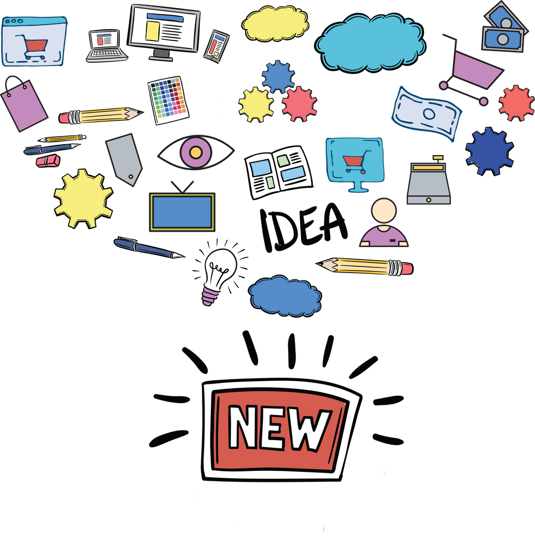 Creative Innovation Icons with Bold NEW on Transparent Surface