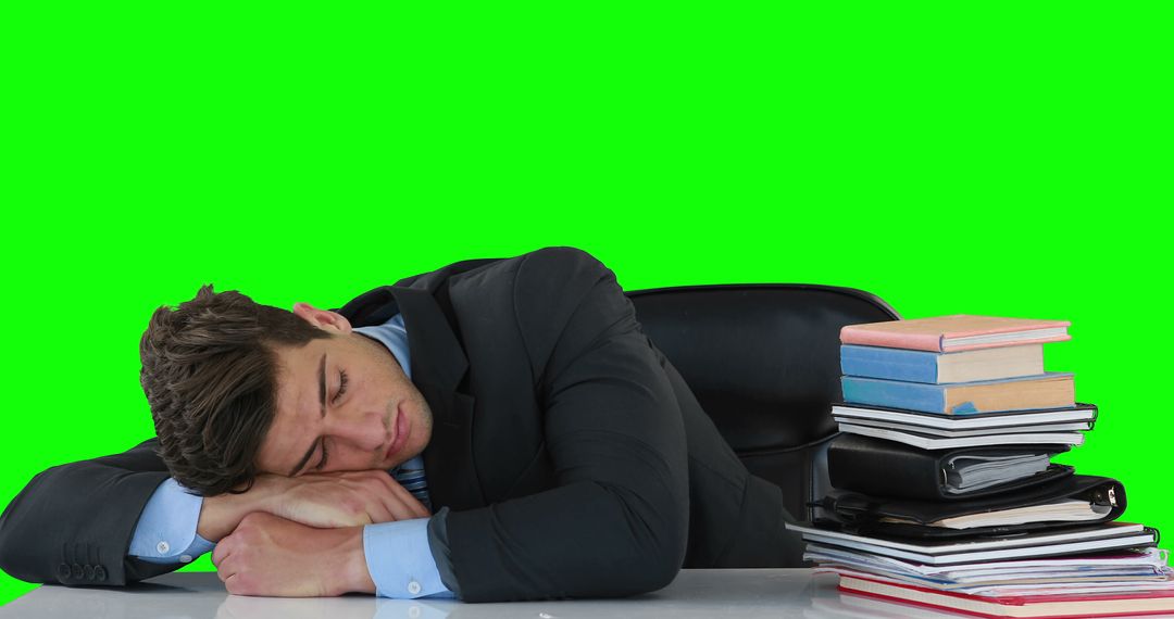 Tired Young Businessman Sleeping on Desk with Green Background - Free Images, Stock Photos and Pictures on Pikwizard.com