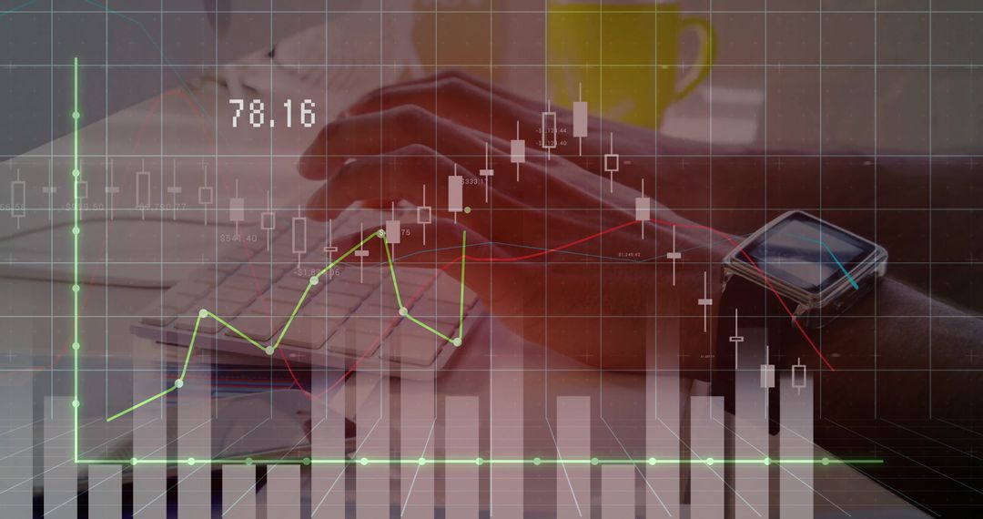 Hands Typing with Smartwatch and Financial Charts Overlay