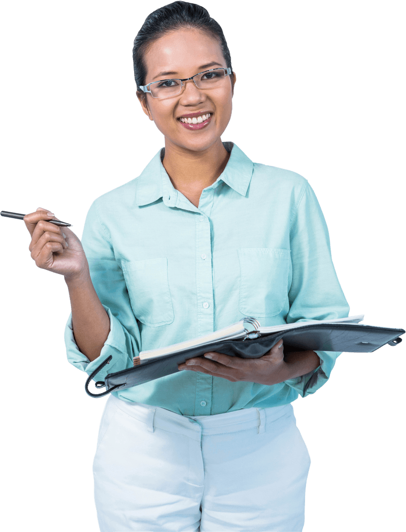 Transparent Businesswoman Wearing Glasses Smiling with Clipboard