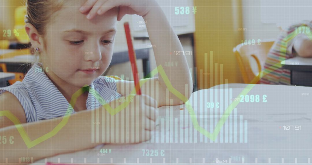 Young Girl Engaging in Learning with Overlay of Data Charts