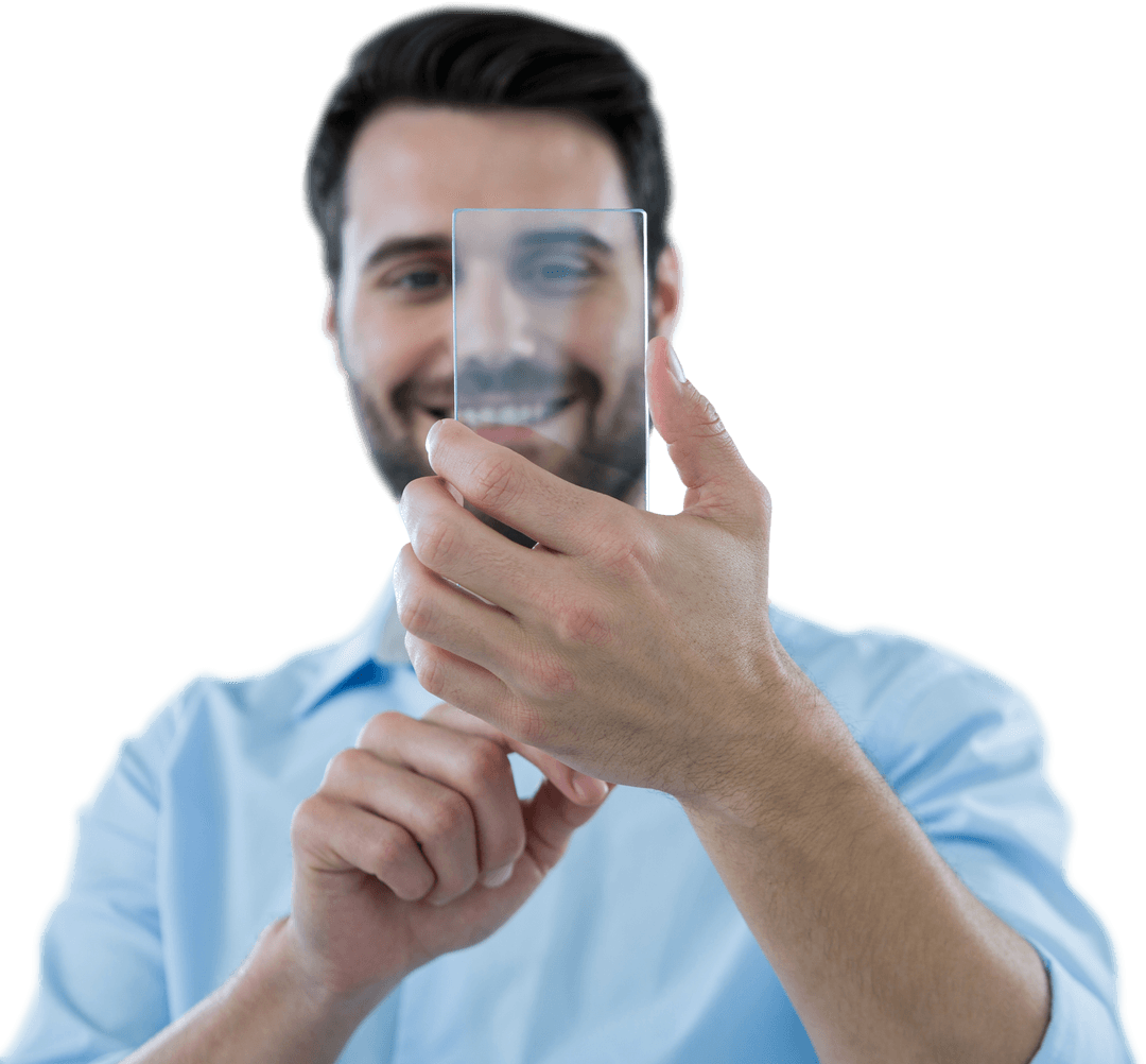 Smiling Man Holding Transparent Futuristic Phone