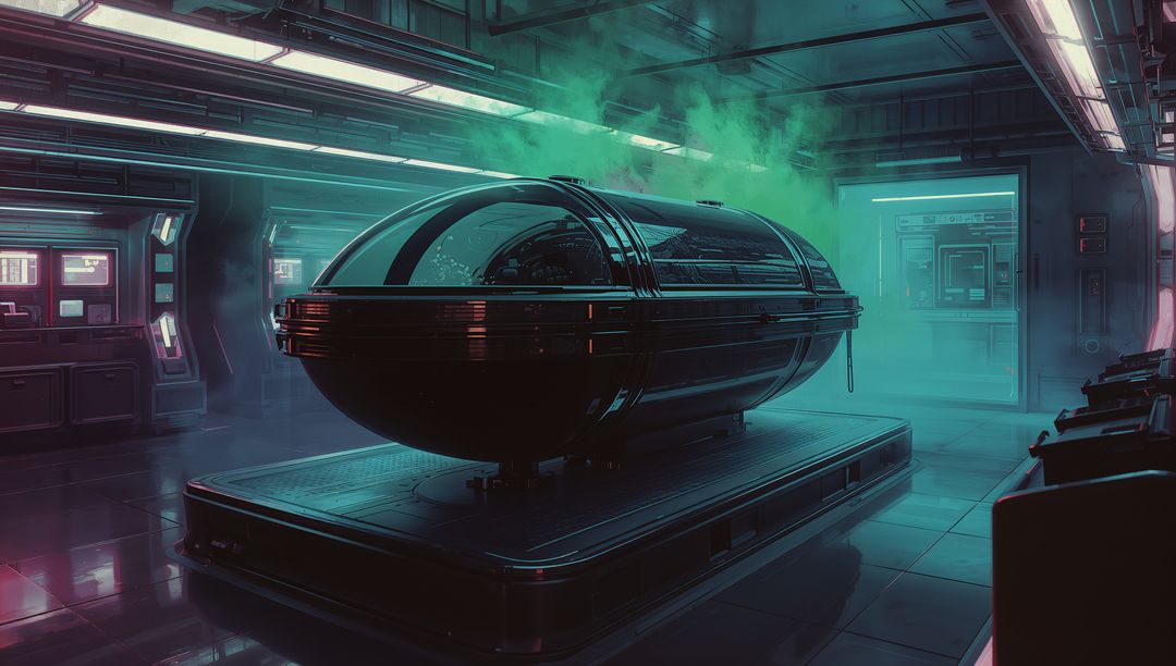 Cryogenic Pod Venting Teal Vapor in Neon Futuristic Lab for Sci-Fi Technology Concepts
