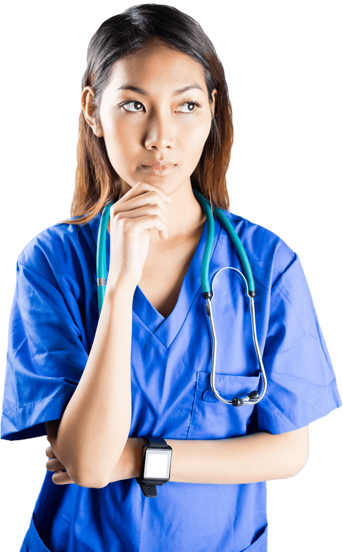 Thoughtful Asian Nurse with Stethoscope on Transparent Background