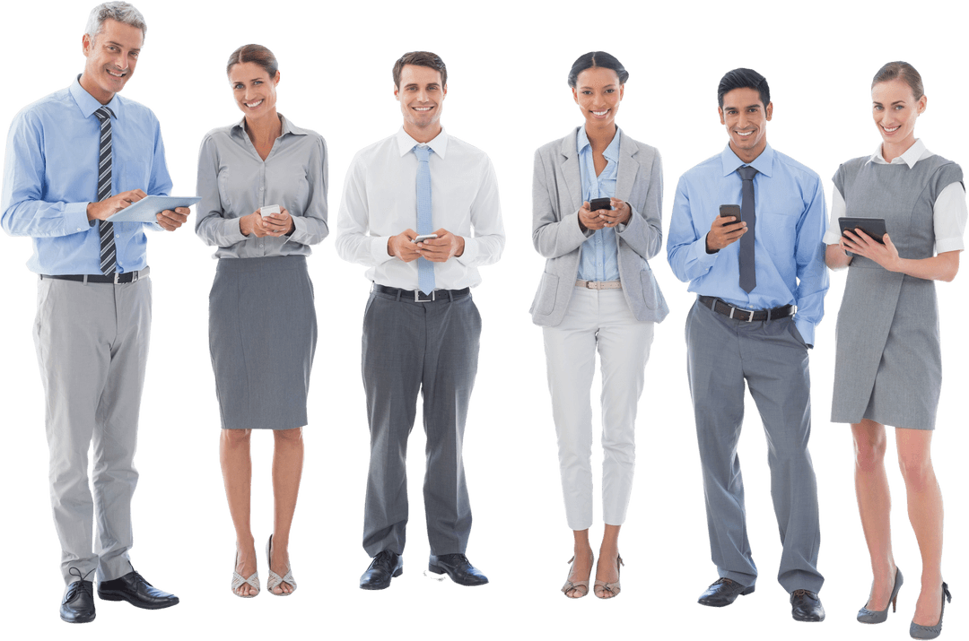 Transparent Busy Professionals Engaging with Mobile Technology