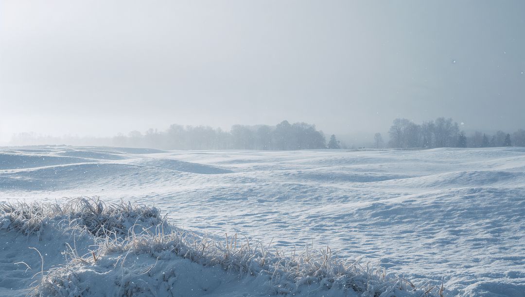 Snow-Covered Prairie Dunes with Frost-Coated Grasses and Misty Horizon