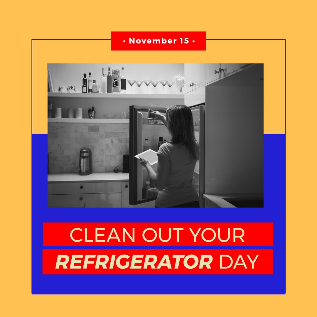 Image of clean out you refrigerator day over caucasian woman looking into fridge - Download Free Stock Templates Pikwizard.com