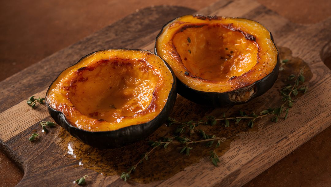 Caramelized Roasted Acorn Squash Halves with Thyme on Rustic Wooden Serving Board