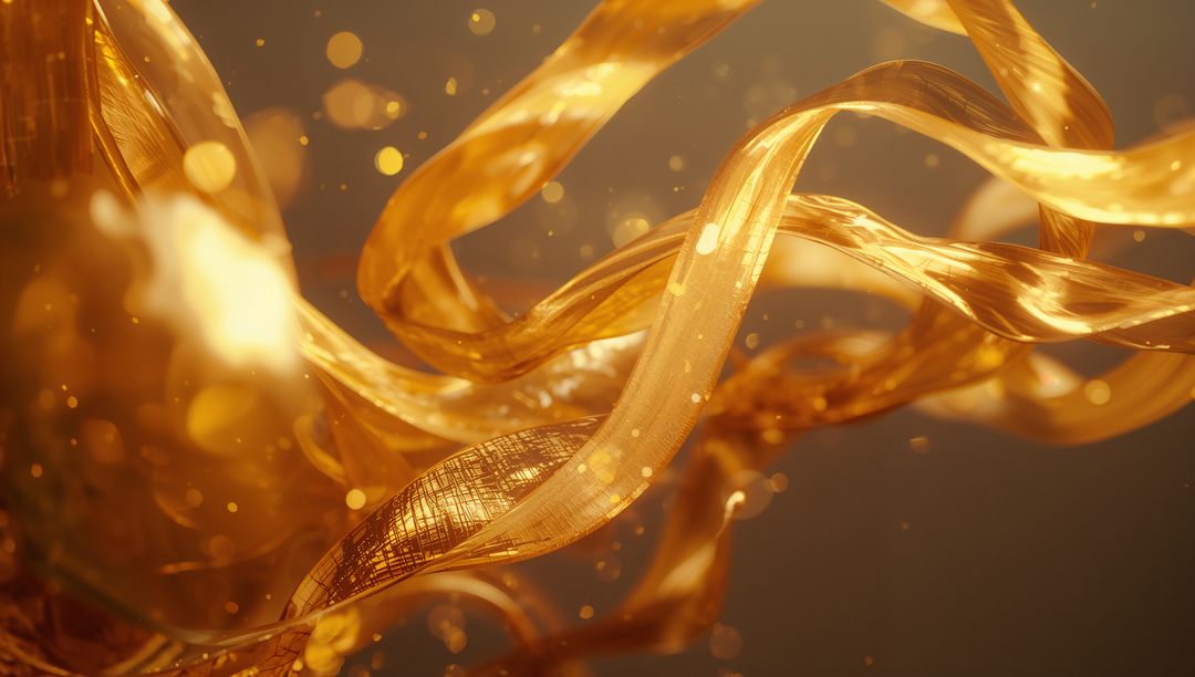 Abstract Swirling Golden Ribbons with Glowing Particles
