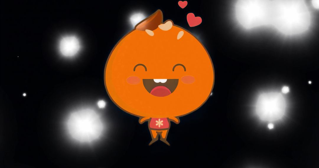 Smiling orange mascot character floating among glowing orbs with hearts playful whimsical
