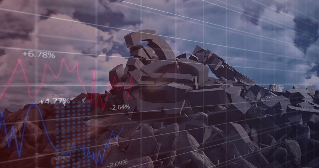 Broken Euro Symbol with Financial Data and Sky Background