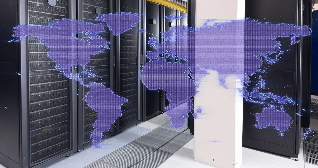 Digital World Map Overlay in Futuristic Server Room