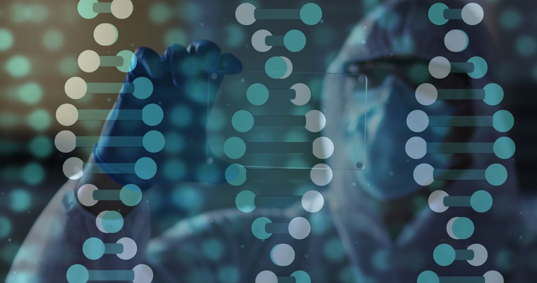 Scientist in Protective Gear Analyzing Sample with DNA Mapping Overlay