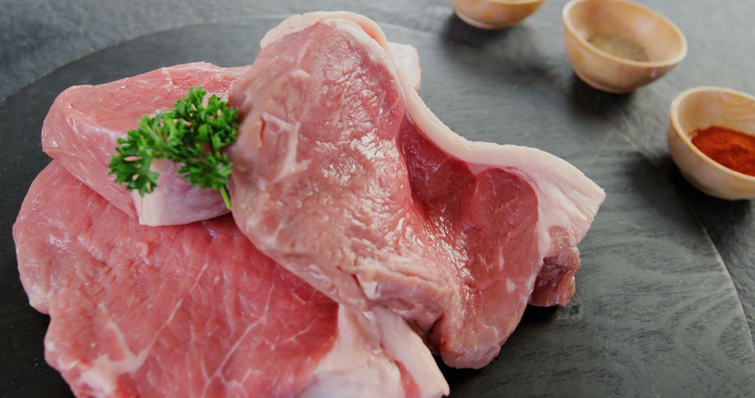 Fresh Raw Pork Chops on Black Surface with Seasoning Bowls - Free Images, Stock Photos and Pictures on Pikwizard.com