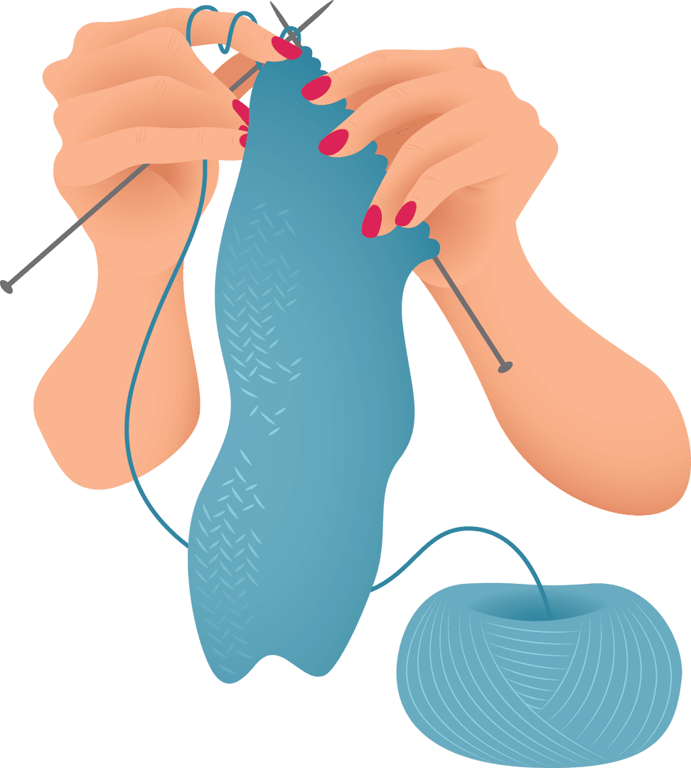 Hands Knitting Blue Fabric on Transparent Background, Crafting Concept