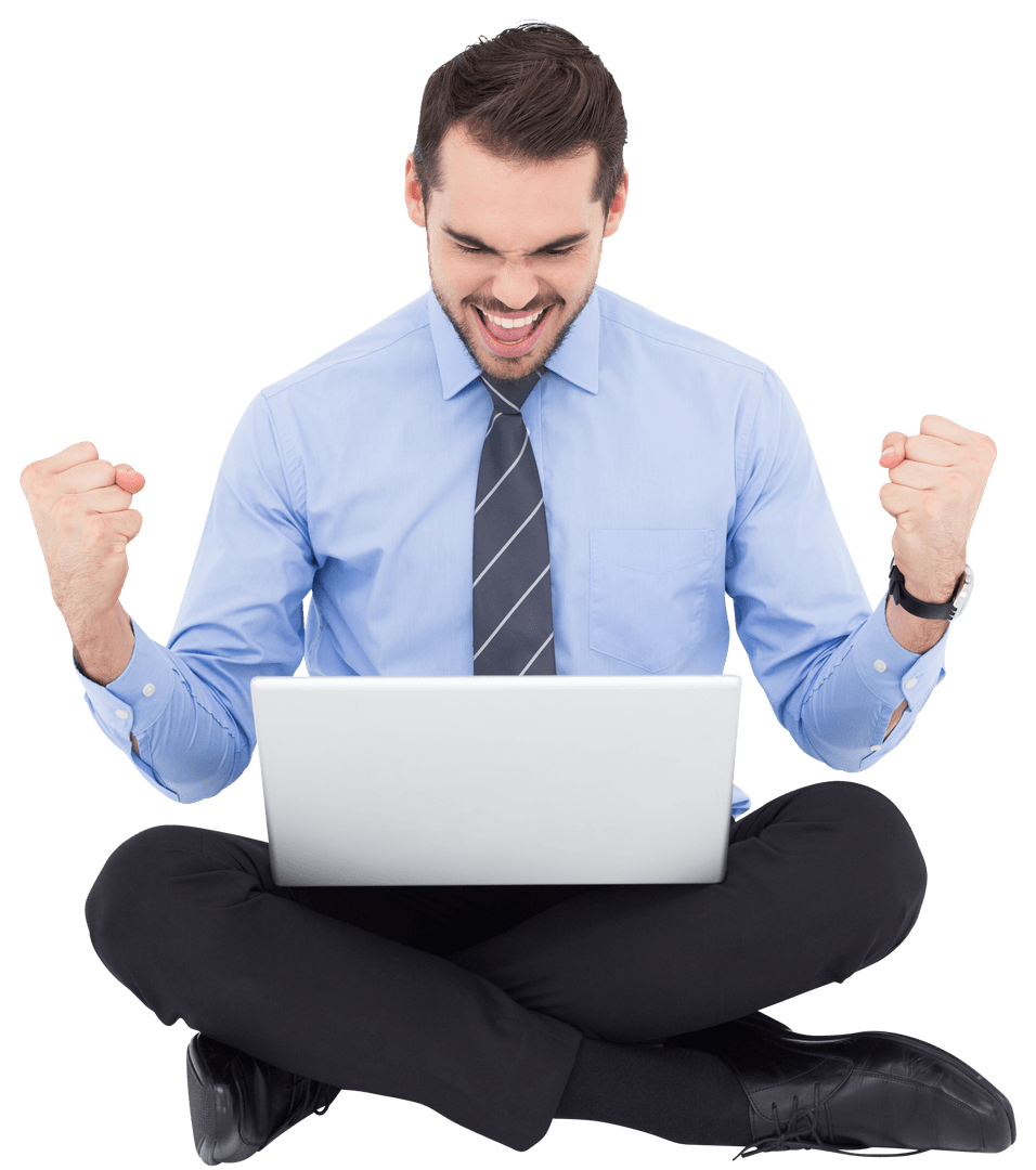 Transparent Happy Businessman Celebrating Laptop Achievement