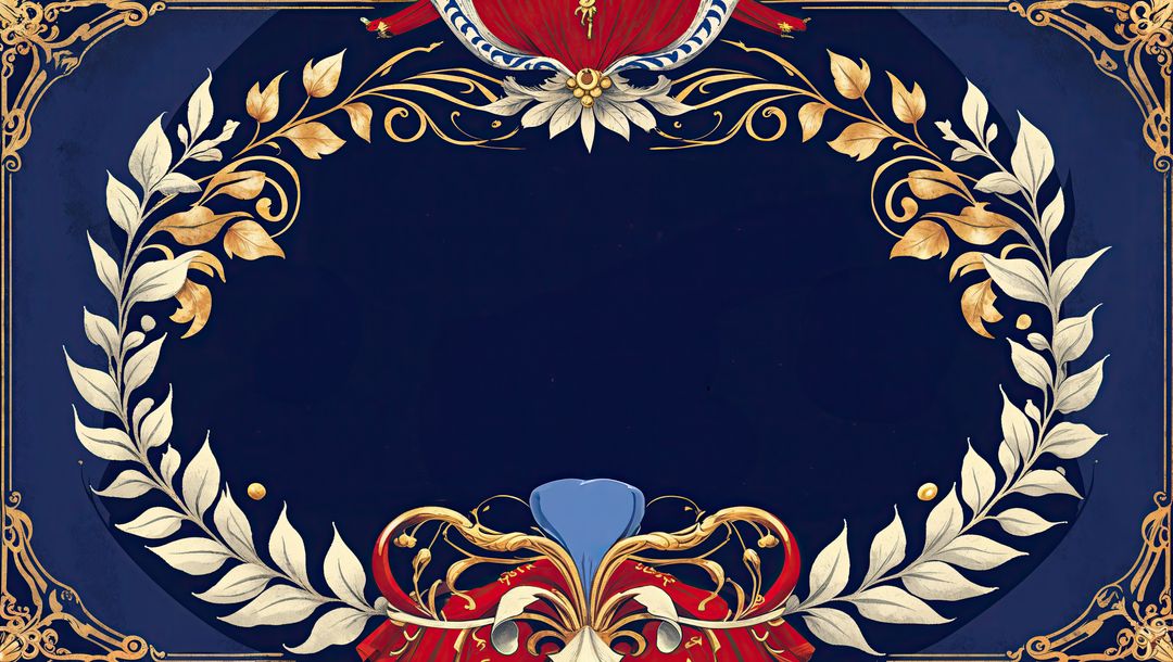 Ornate Wreath on Navy Background with Red Drapery and Blue Cartouches