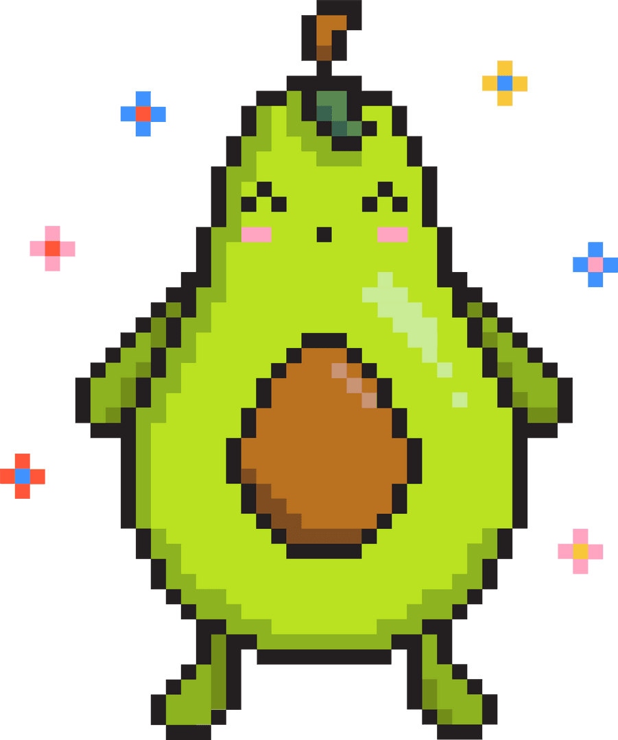 Smiling Avocado Pixel Art on Transparent Background