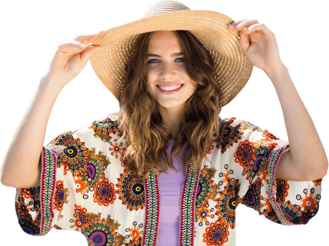 Smiling Woman Wearing Colorful Kimono and Straw Hat Transparent