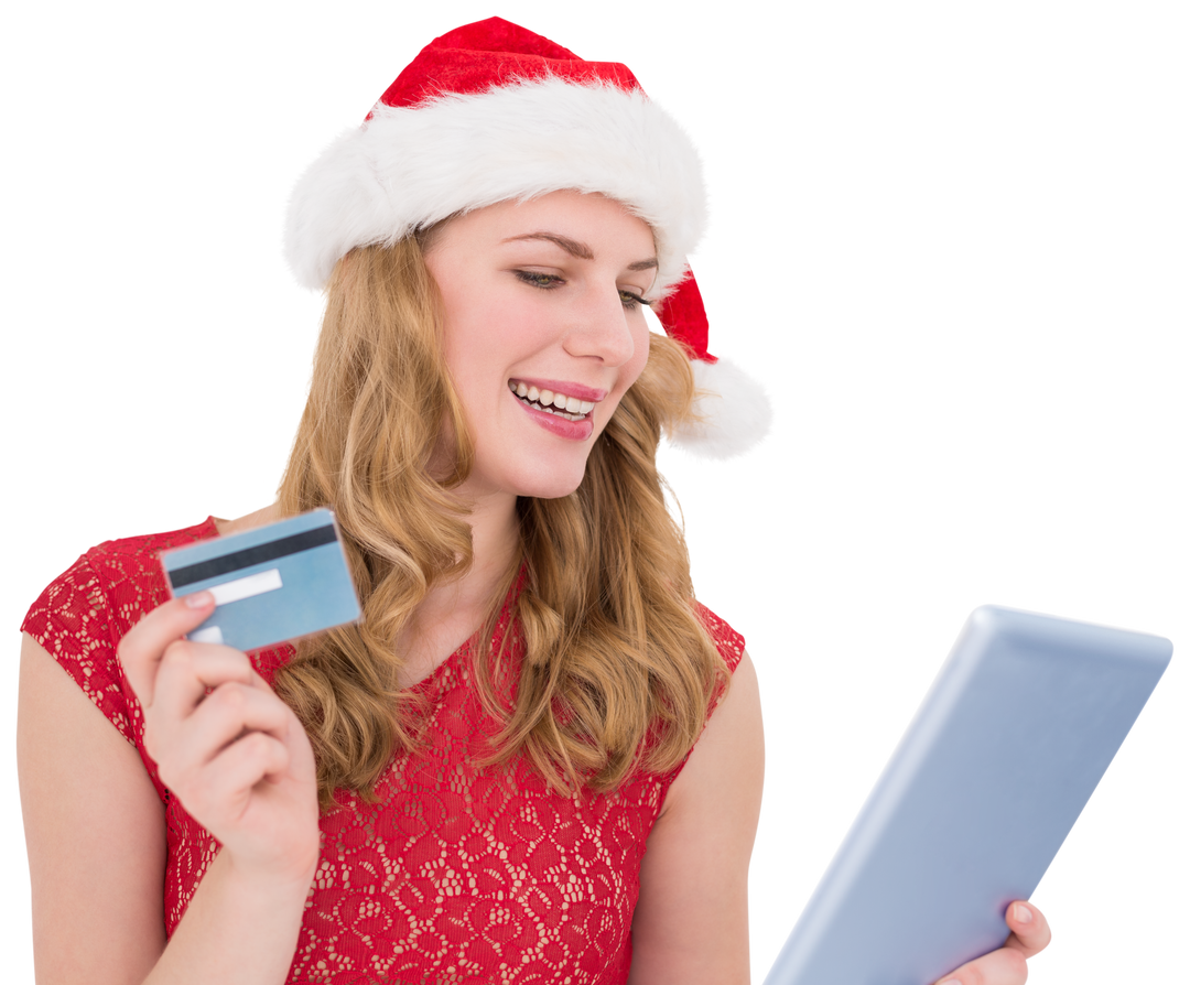 Festive Woman with Santa Hat Shopping Online with Tablet and Credit Card Transparent - Download Free Stock Images Pikwizard.com