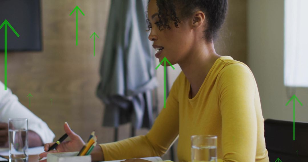 Business Meeting with Data Overlay and Growth Arrows