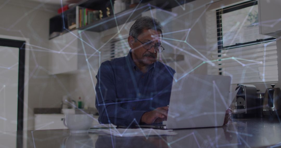 Senior Man Using Laptop Home Network Overlay Technology Concept
