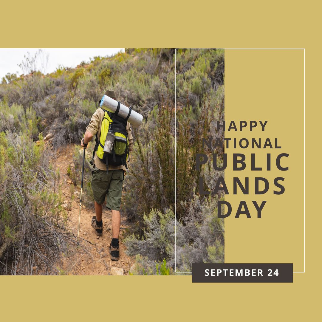 Composition of happy national public lands day text with caucasian man hiking on beige background - Download Free Stock Templates Pikwizard.com