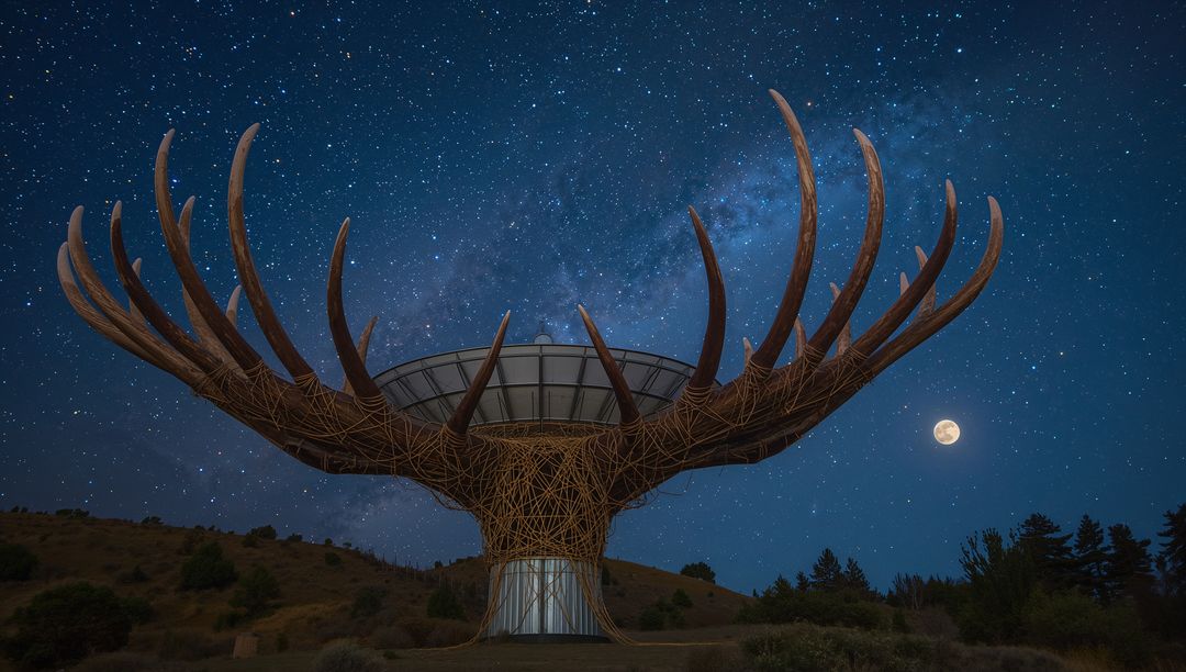 Monumental Woven Antler Sculpture Towering Under Milky Way and Full Moon on Remote Hillside