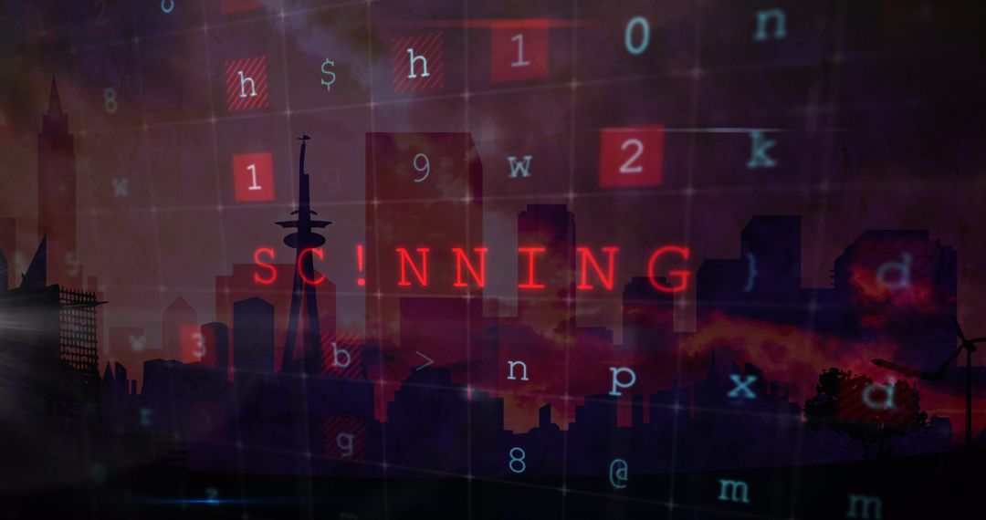 Cybersecurity Threats Over Cityscape with RED Alerts