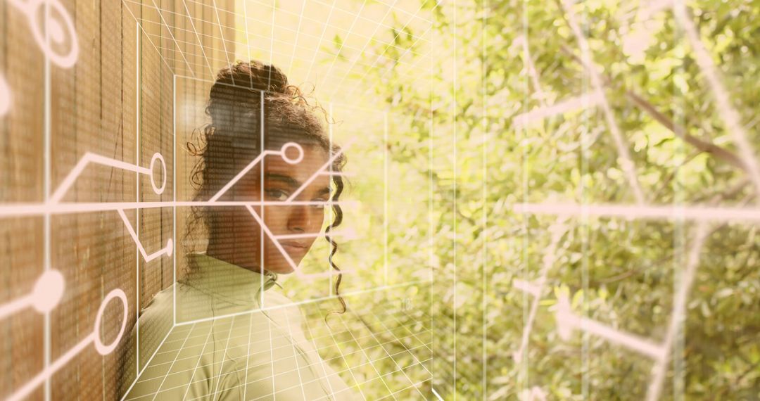 Woman in high-neck top with augmented reality circuit overlay, sunlit greenery portrait