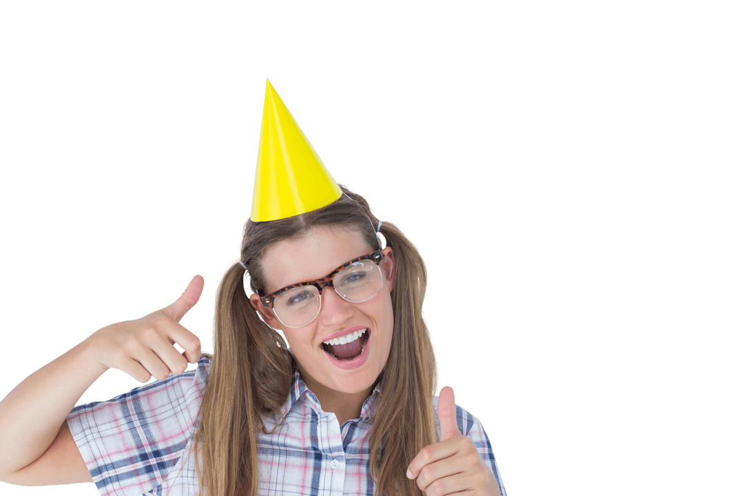 Cheerful Hipster in Transparent Birthday Party Hat