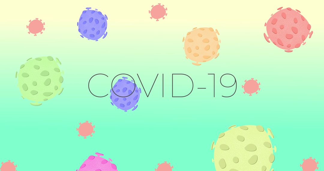 Floating Colorful Coronavirus Cells with COVID-19 Text on Green Background