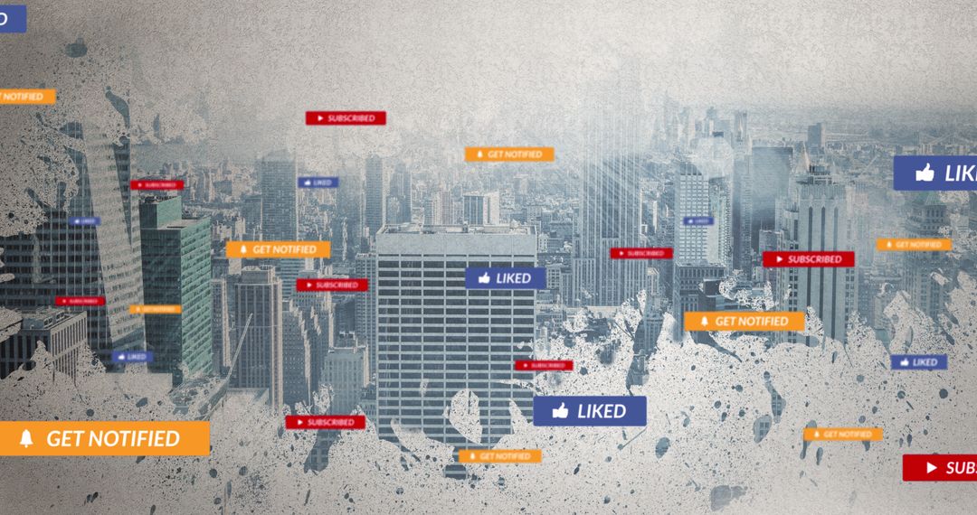 Digital Concept with Social Media Icons Over Cityscape