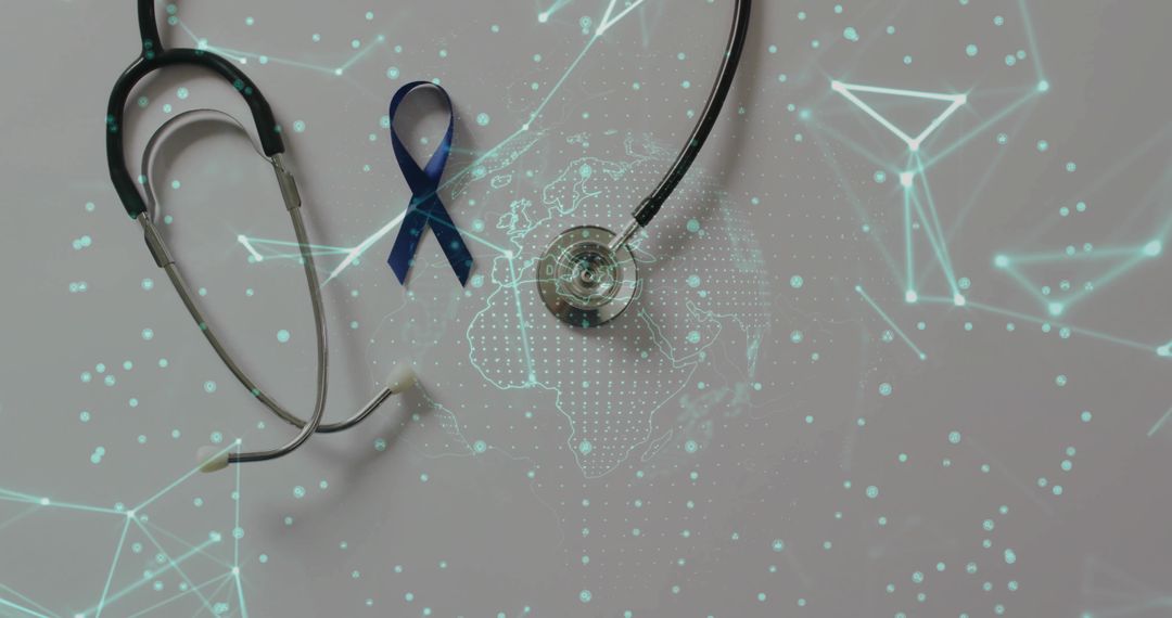 Stethoscope with Blue Ribbon and Global Data Network Representation