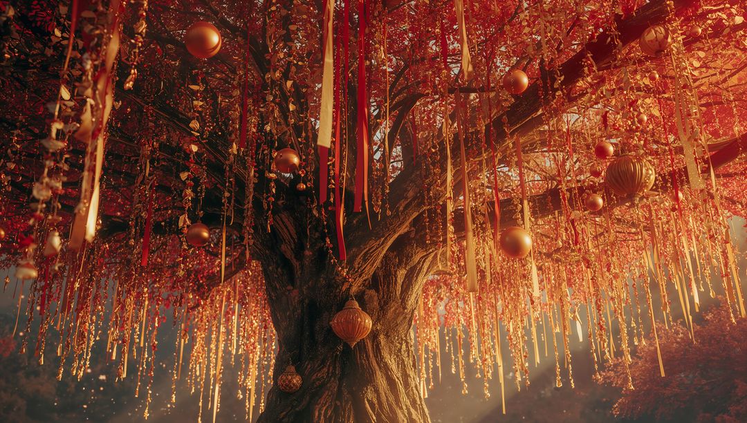 Enchanted Tree with Ribbons and Baubles in Mystic Forest