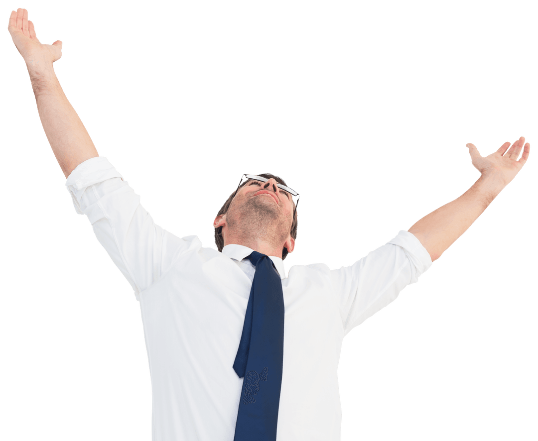 Elated Businessman Triumphantly Raising Arms Transparent Background