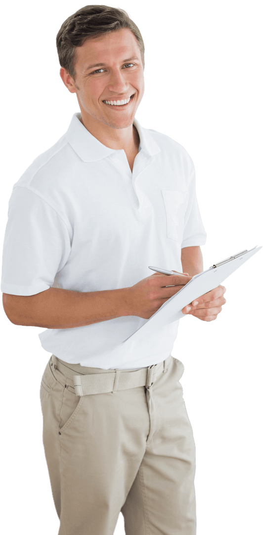 Smiling Caucasian Businessman with Clipboard on Transparent Background