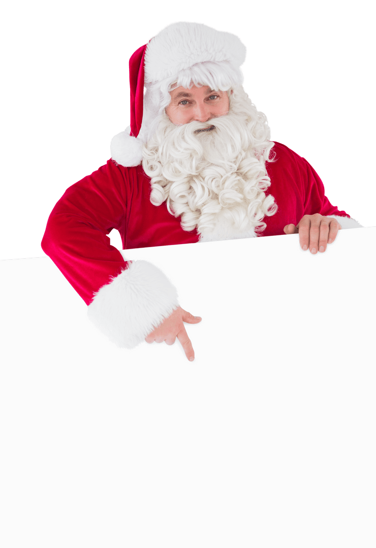 Smiling Santa Claus Pointing At Blank Sign Transparent Background