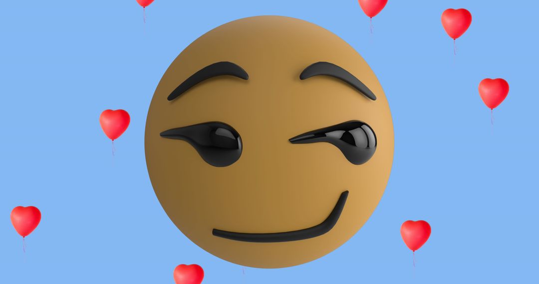 Winking Emoji Surrounded by Red Heart Balloons on Blue