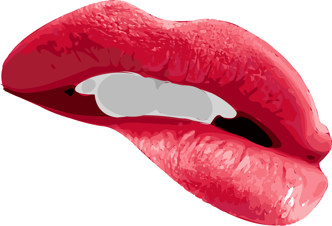 Glossy Red Lips Biting Gesture on Transparent Background