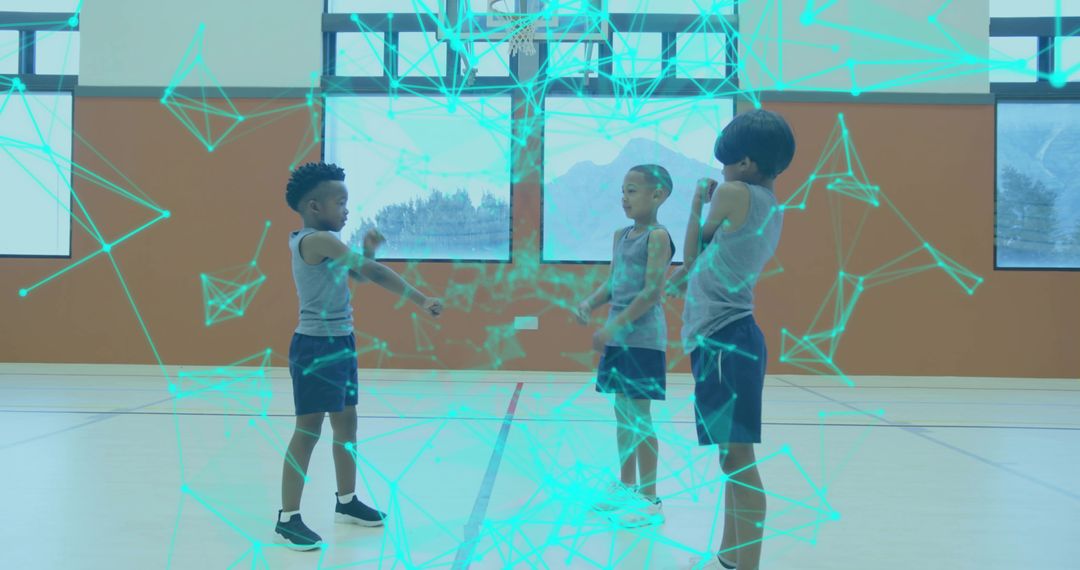 Energetic Boys Playing in Gym with Holographic Digital Effects