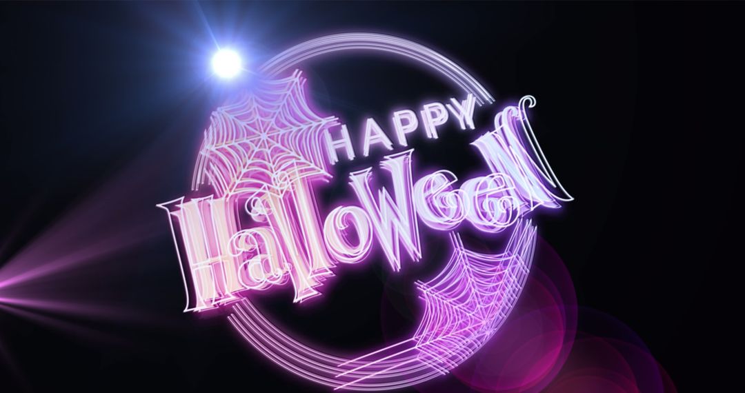 Glowing Happy Halloween Sign with Spider Webs and Lights